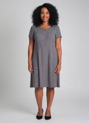 Robe mi-longue imprimé fantaisie manches courtes noir GEVANA femme