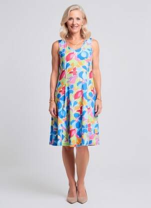 Robe mi-longue imprimé fantaisie sans manche bleu GEVANA femme
