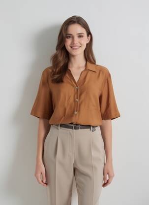 Chemisier tissage crêpe manches courtes marron YEST femme