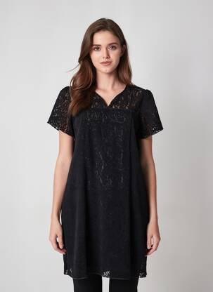 Robe mi-longue fermeture zippée au dos manches courtes noir CHRISTINE LAURE femme