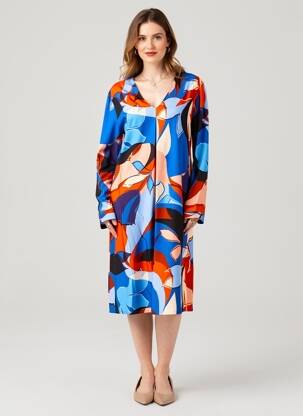 Robe mi-longue imprimé fantaisie manches longues bleu GEVANA femme