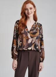 Blouse imprimé fantaisie manches longues marron HALOGENE femme