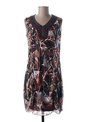 Robe mi-longue imprimé fantaisie sans manche marron L33 femme