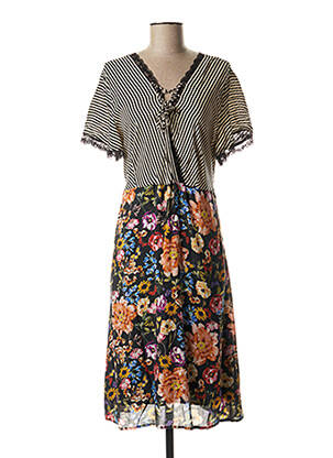 Robe mi-longue imprimé fleurs manches courtes noir FRED SABATIER femme