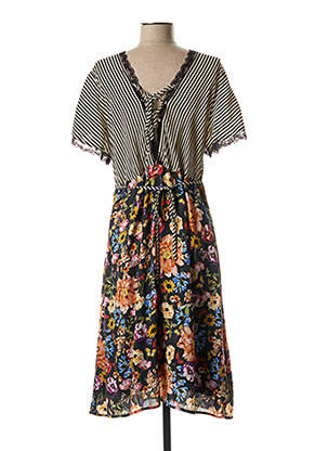 Robe mi-longue imprimé fleurs manches courtes noir FRED SABATIER femme
