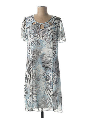 Robe mi-longue tissage crêpe manches courtes bleu FRANCE RIVOIRE femme