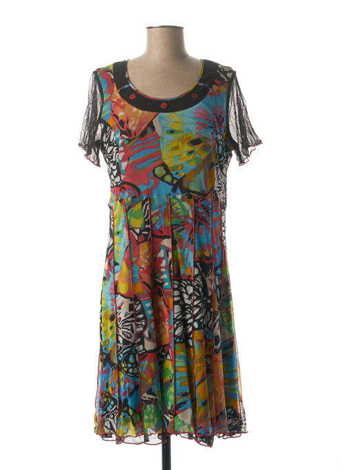 Robe mi-longue imprimé fantaisie manches courtes noir GUY DUBOUIS femme