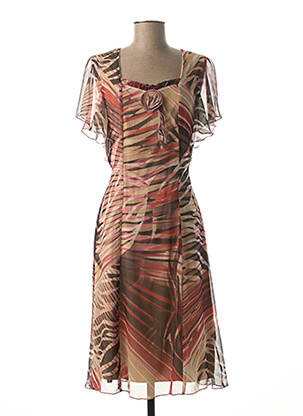 Robe mi-longue tissage crêpe manches courtes marron GUY DUBOUIS femme