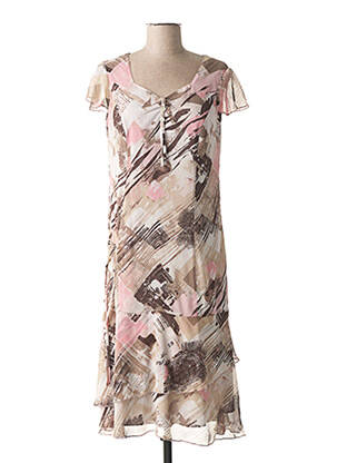Robe mi-longue imprimé fantaisie manches courtes beige GUY DUBOUIS femme