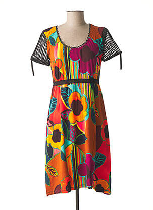Robe mi-longue imprimé fleurs manches courtes orange LO! LES FILLES femme