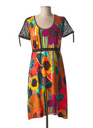 Robe mi-longue imprimé fleurs manches courtes orange LO! LES FILLES femme