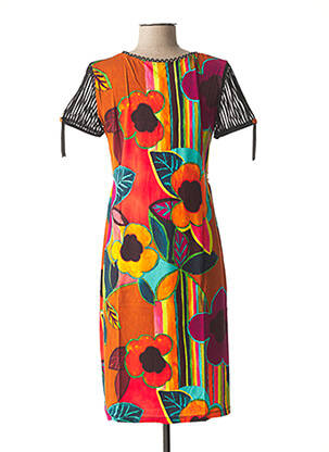 Robe mi-longue imprimé fleurs manches courtes orange LO! LES FILLES femme