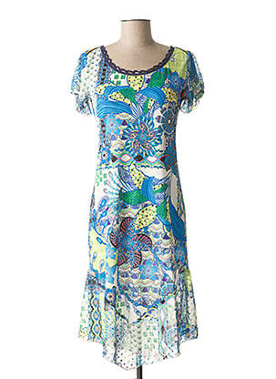 Robe mi-longue tissage crêpe manches courtes bleu LO! LES FILLES femme