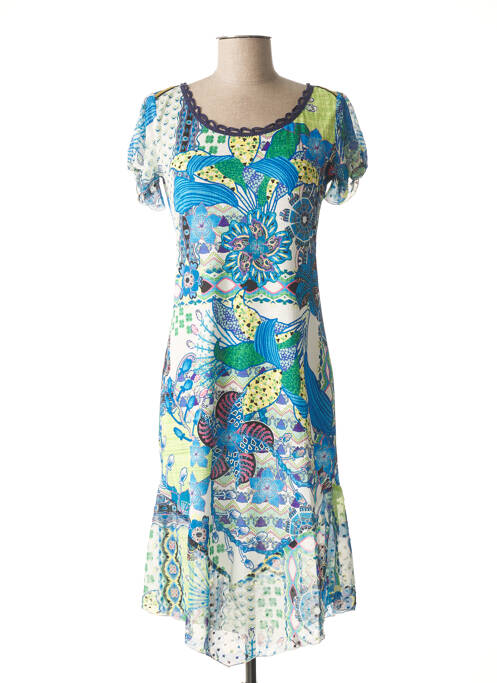 Robe mi-longue tissage crêpe manches courtes bleu LO! LES FILLES femme