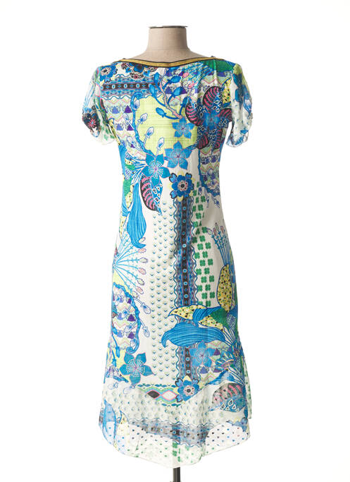Robe mi-longue tissage crêpe manches courtes bleu LO! LES FILLES femme
