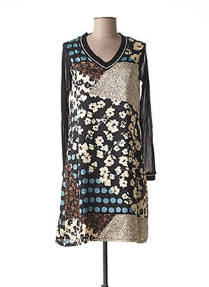 Robe mi-longue imprimé fleurs manches longues noir MALOKA femme