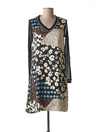 Robe mi-longue imprimé fleurs manches longues noir MALOKA femme