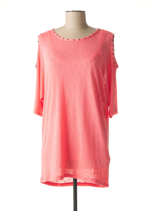 Pull tunique stretch manches courtes rose MARBLE femme