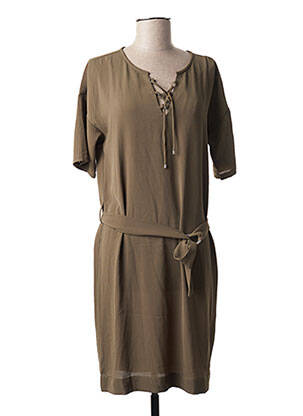 Robe mi-longue tissage crêpe manches courtes vert IKKS femme