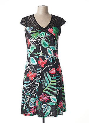 Robe mi-longue imprimé fleurs manches courtes noir LILI & CAROLINE femme