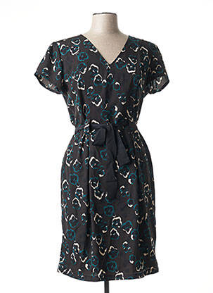 Robe mi-longue imprimé fleurs manches courtes noir QUEENIE femme