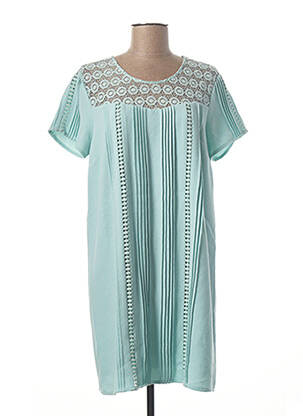 Robe mi-longue tissage crêpe manches courtes bleu NINA KALIO femme