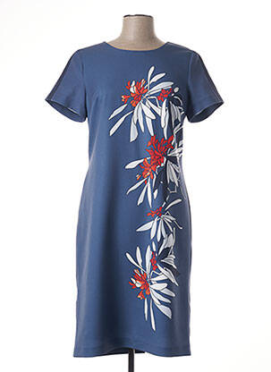 Robe mi-longue imprimé fleurs manches courtes bleu GUY DUBOUIS femme