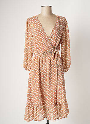 Robe mi-longue imprimé fantaisie manches longues beige SEASON femme