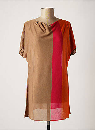 Pull tunique tissage lainage manches courtes marron NINATI femme