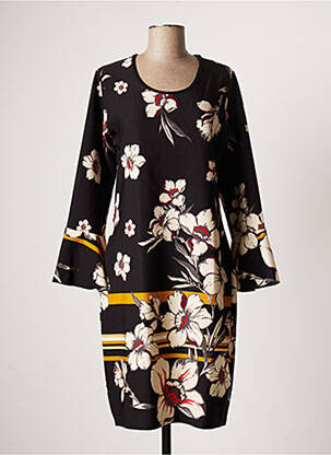 Robe mi-longue imprimé fleurs manches longues noir QUATRE VINGT JOURS femme