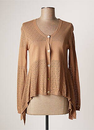 Gilet manches longues maille ajourée marron LAUREN VIDAL femme
