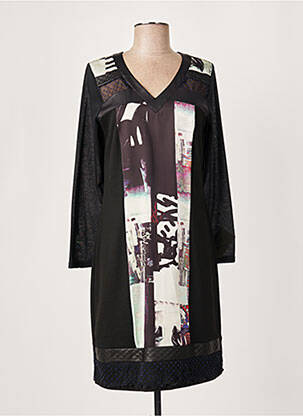 Robe mi-longue imprimé fantaisie manches longues noir FRANCE RIVOIRE femme