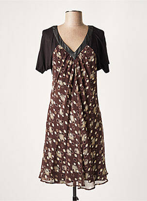 Robe mi-longue tissage crêpe manches courtes marron LAUREN VIDAL femme