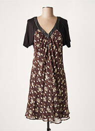 Robe mi-longue tissage crêpe manches courtes marron LAUREN VIDAL femme