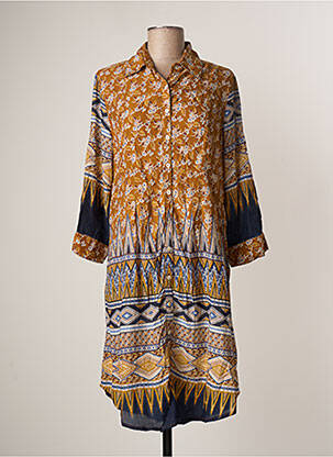 Robe mi-longue coupe fluide manches longues marron ICONIQUE femme