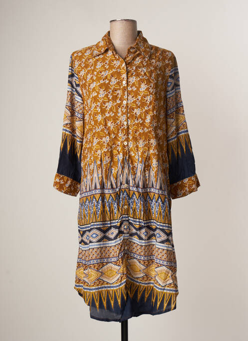 Robe mi-longue coupe fluide manches longues marron ICONIQUE femme