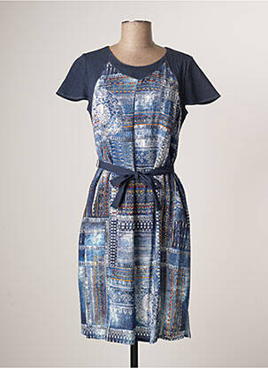 Robe mi-longue imprimé fantaisie manches courtes bleu GUY DUBOUIS femme