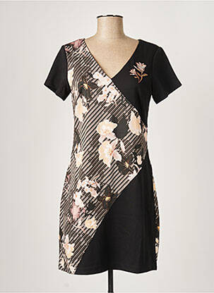 Robe mi-longue imprimé fleurs manches courtes noir PAUL BRIAL femme