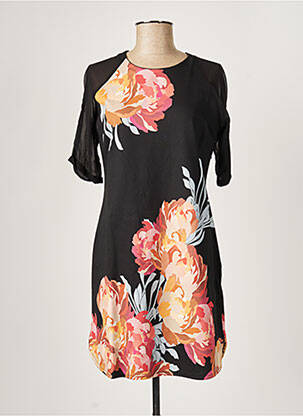 Robe mi-longue imprimé fleurs manches courtes noir PAUL BRIAL femme