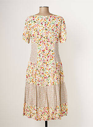 Robe mi-longue imprimé fleurs manches courtes blanc PAUL BRIAL femme