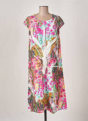 Robe mi-longue tissage crêpe manches courtes rose MALOKA femme