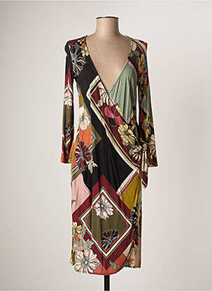 Robe mi-longue imprimé fleurs manches longues noir MAJESTIC FILATURES femme