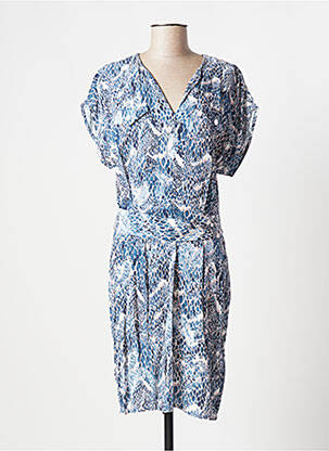 Robe mi-longue tissage crêpe manches courtes bleu EVA KAYAN femme