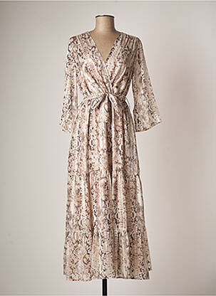 Robe longue imprimé fantaisie manches 3/4 beige ANDAMIO femme