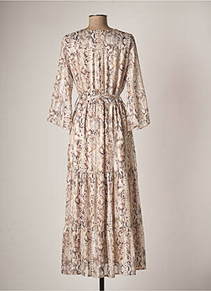 Robe longue imprimé fantaisie manches 3/4 beige ANDAMIO femme