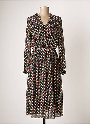 Robe mi-longue imprimé fleurs manches longues noir COULEURS DU TEMPS femme