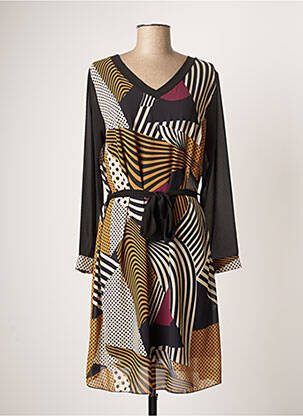 Robe mi-longue imprimé fantaisie manches longues noir COULEURS DU TEMPS femme