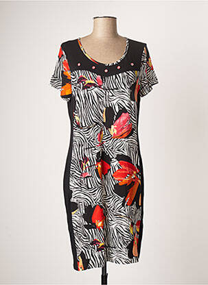 Robe mi-longue imprimé fleurs manches courtes noir FRANCE RIVOIRE femme