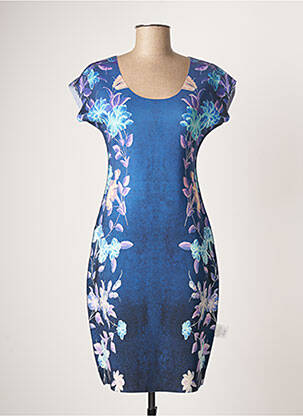 Robe mi-longue imprimé fleurs manches courtes bleu ANIMAPOP femme