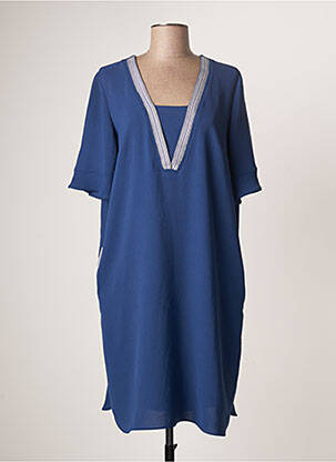 Robe mi-longue coupe fluide manches courtes bleu BARILOCHE femme